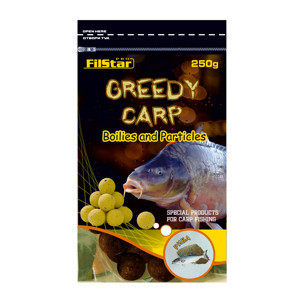 Протеинови топчета FilStar Greedy Carp - 250гр, бързоразтворими за риболов с диаметър 18-20 мм.