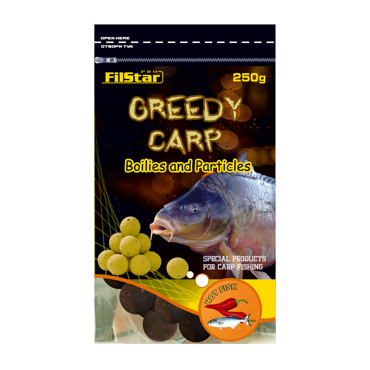 Протеинови топчета FilStar Greedy Carp - 250гр, пакет с риболовни топчета за бърз риболов в комерсиални водоеми.