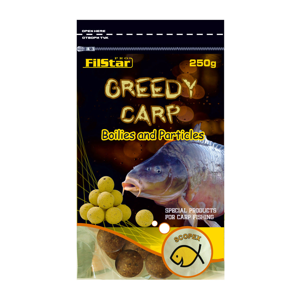 Протеинови топчета FilStar Greedy Carp - 250гр. пакет с топчета за риболов, съдържащи бетаин и аминокиселини.