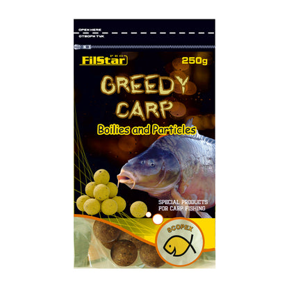 Протеинови топчета FilStar Greedy Carp - 250гр. пакет с топчета за риболов, съдържащи бетаин и аминокиселини.