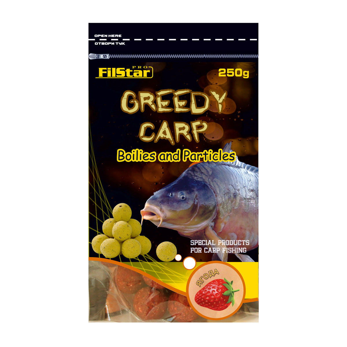 Протеинови топчета FilStar Greedy Carp - 250гр. Бързоразтворими топчета с ягодов вкус за риболов.
