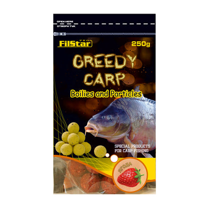 Протеинови топчета FilStar Greedy Carp - 250гр. Бързоразтворими топчета с ягодов вкус за риболов.