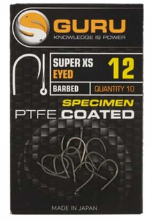 Куки с ухо и контра GURU Super XS Eyed Barbed - опаковка с 10 броя, PTFE покритие, идеални за риболов.