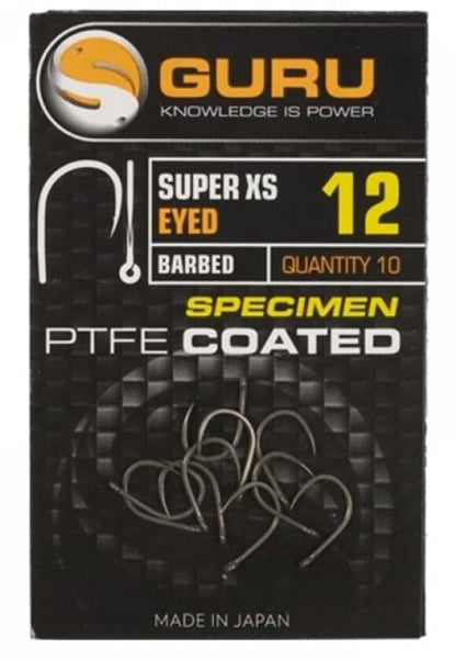 Куки с ухо и контра GURU Super XS Eyed Barbed - опаковка с 10 броя, PTFE покритие, идеални за риболов.