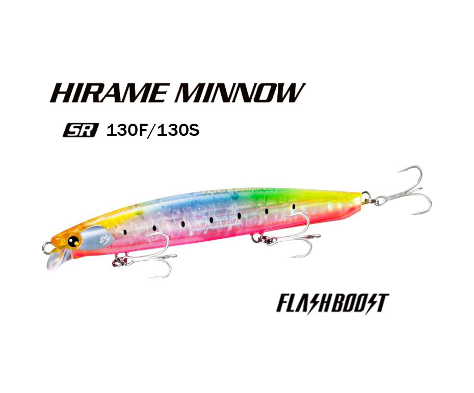 Воблер Shimano Hirame Minnow SR 130S/130F Flash Boost - 13cm/26g на бял фон с цветна украса
