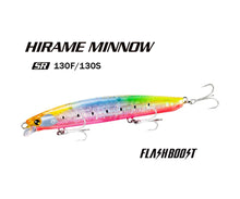 Воблер Shimano Hirame Minnow SR 130S/130F Flash Boost - 13cm/26g на бял фон с цветна украса