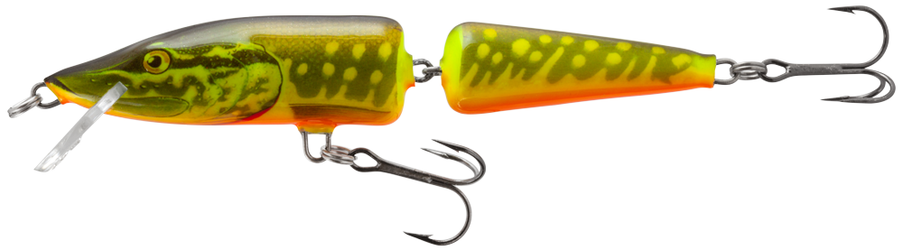 Воблер SALMO Pike Jointed Deep Runner - 11cm/14gr in vibrant yellow and green colors with hooks.