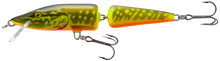Воблер SALMO Pike Jointed Deep Runner - 11cm/14gr in vibrant yellow and green colors with hooks.