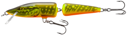 Воблер SALMO Pike Jointed Deep Runner - 11cm/14gr in vibrant yellow and green colors with hooks.
