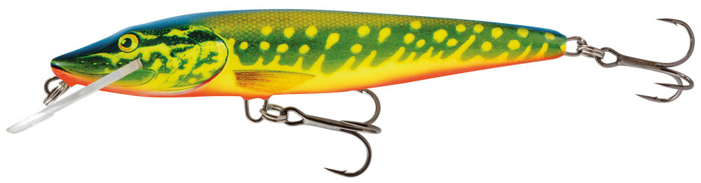 Воблер SALMO Pike плуващ - 9cm/9gr с жълто-зелен дизайн и тройни куки за риболов.