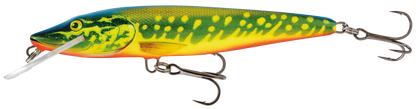 Воблер SALMO Pike плуващ - 9cm/9gr с жълто-зелен дизайн и тройни куки за риболов.