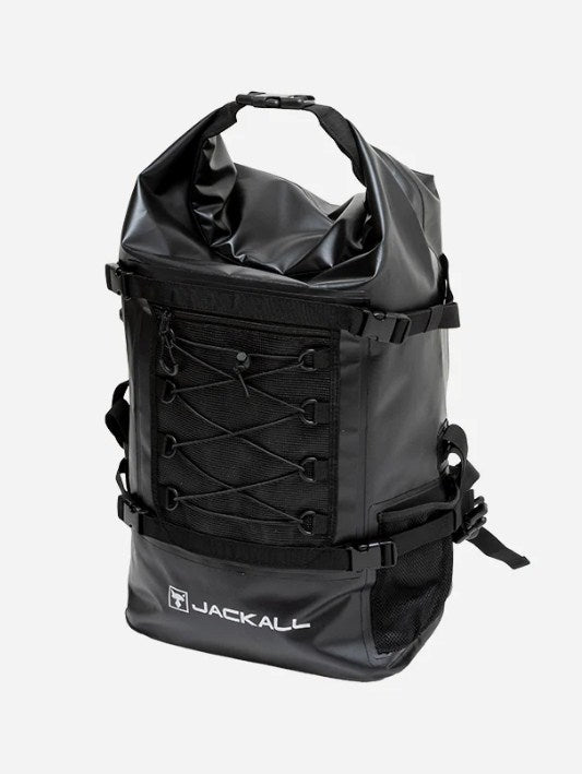 Водоустойчива чанта за спининг риболов JACKALL WATERPROOF BACKPACK L (30L - 35L) - Черна, черен риболовен ранец.