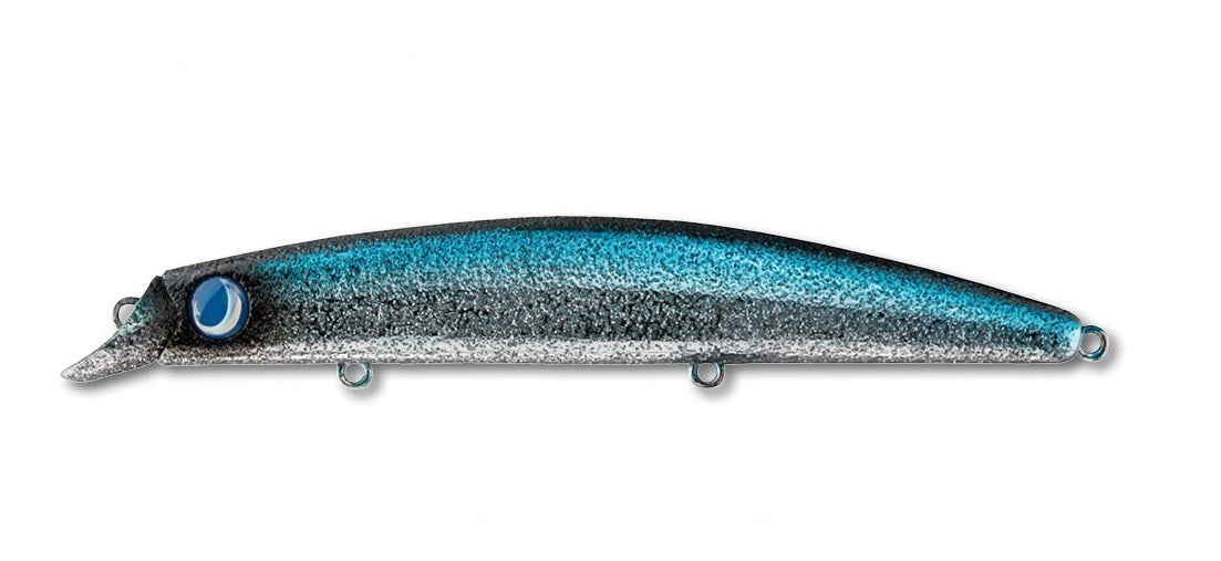 Воблер JUMPRIZE ROWDY 130F - #112 Sardine Aluminium Flake - Floating - 13.0cm/22.0gr, shiny fishing lure with blue details.