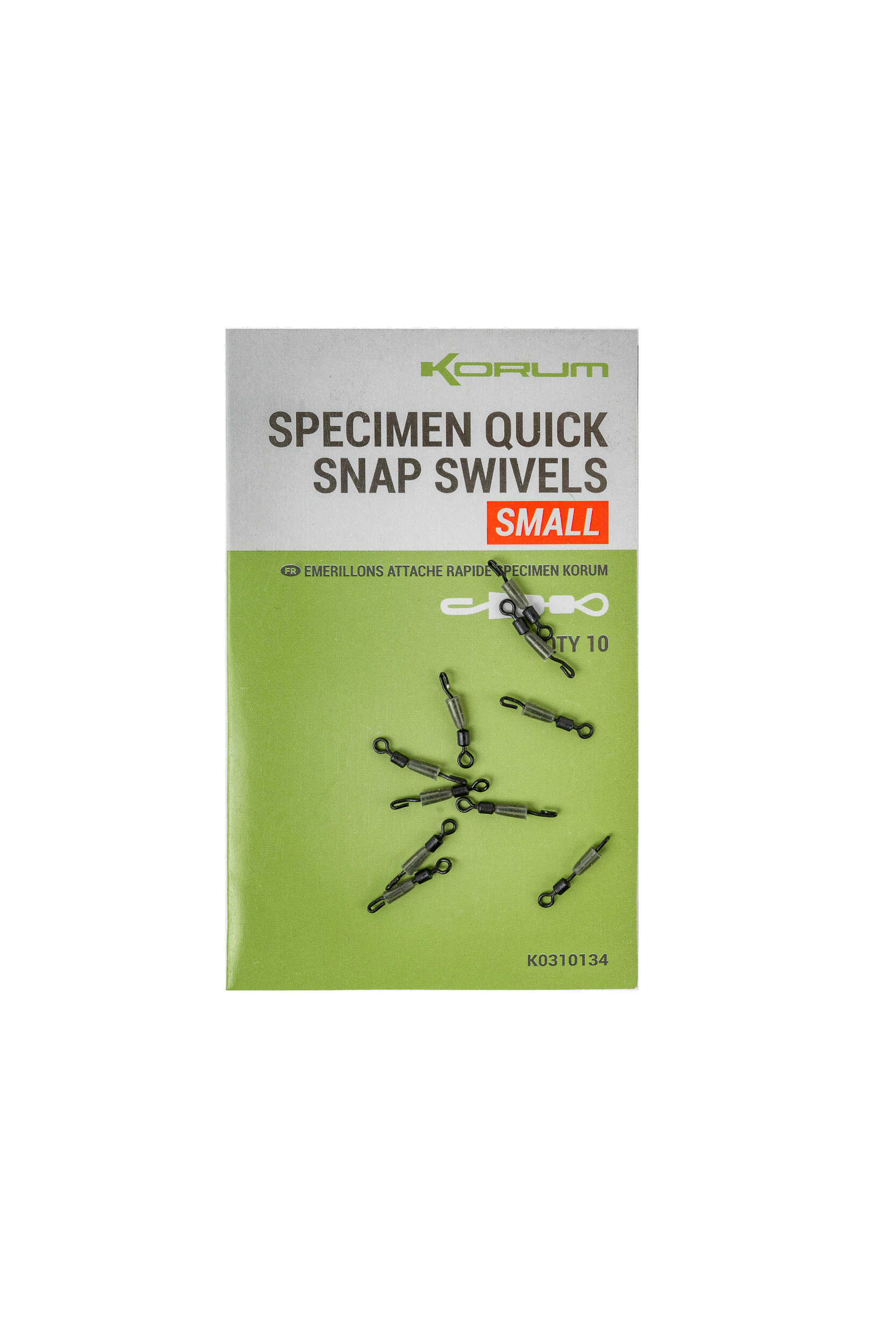 Бързи връзки KORUM Specimen Quick Snap Swivels SMALL опаковка с вирбели за риболов на светъл фон.