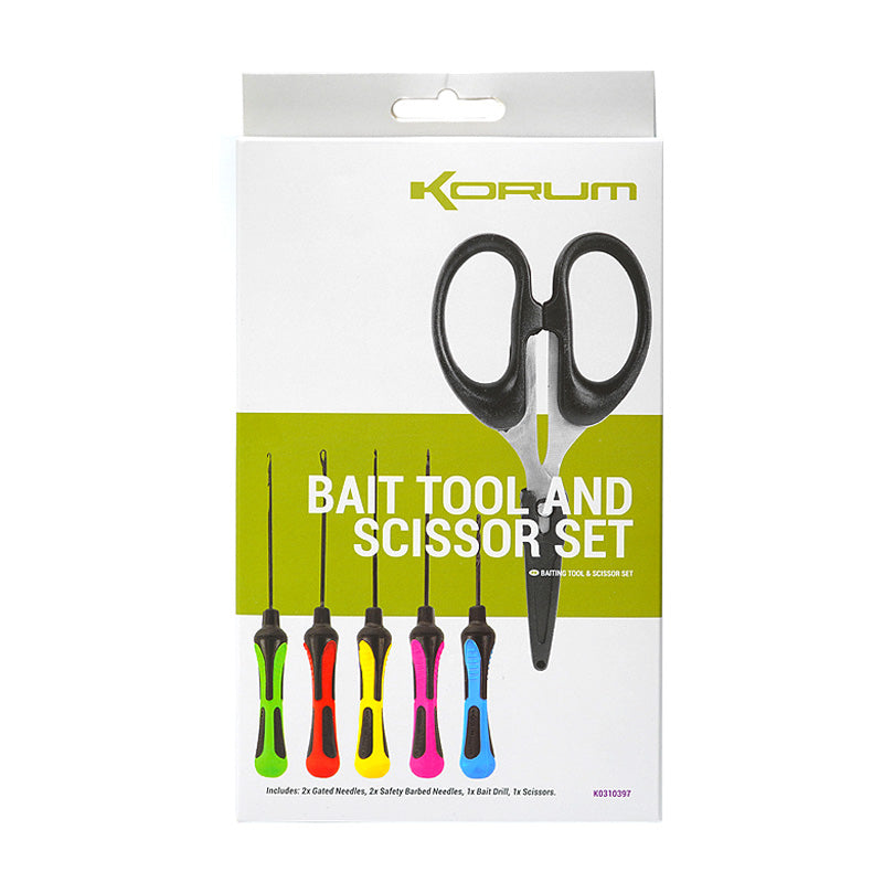 Комплект игли и ножица KORUM BAITING TOOL & SCISSOR SET, включващ ножица и инструменти за риболов.