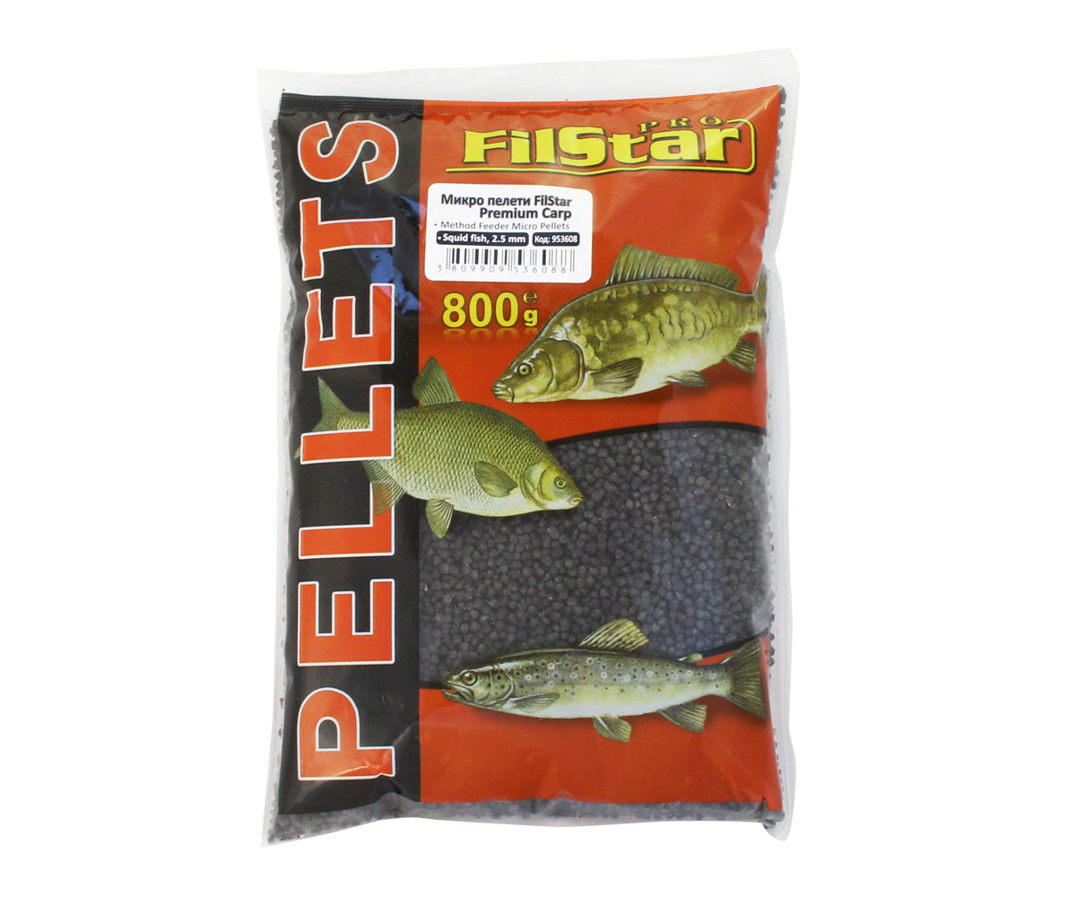 Микро пелети FILSTAR - 2.5mm / 800g, Premium Carp с калмар, силен аромат за привличане на рибите.