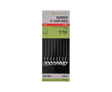 Вързани куки с контра на косъм KORUM BANDED HAIR RIGS BARBED (4 inch/10cm) опаковка с размер 14 и издръжливи ластични ленти.