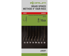 Вързани куки с контра на косъм KORUM POWER BRAID SPIKED METHOD HAIR RIGS (4inch/10cm) - комплект от 8 броя, размер 8, 15lb.