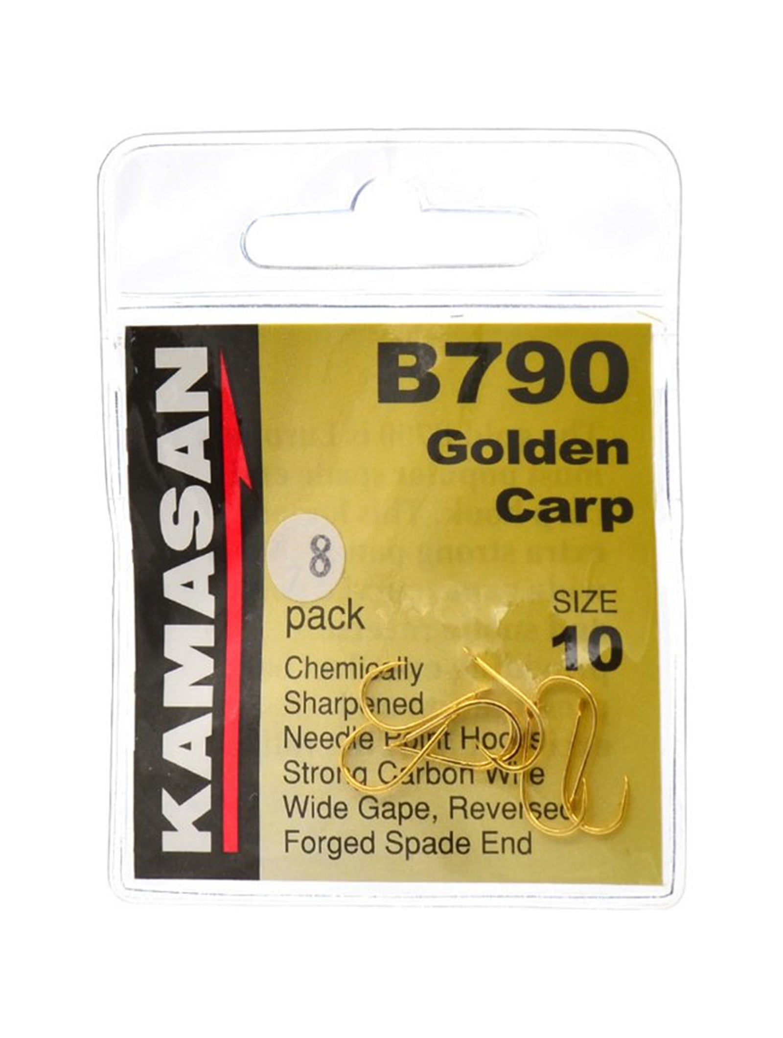 Куки - Kamasan B790 Golden Carp в опаковка от 8 броя, здрави и химически заточени, идеални за риболов на едри риби.