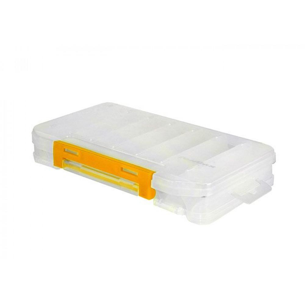 Кутия за примамки FORMAX 006014, голяма двустранна, прозрачна пластмаса с жълта система за затваряне.