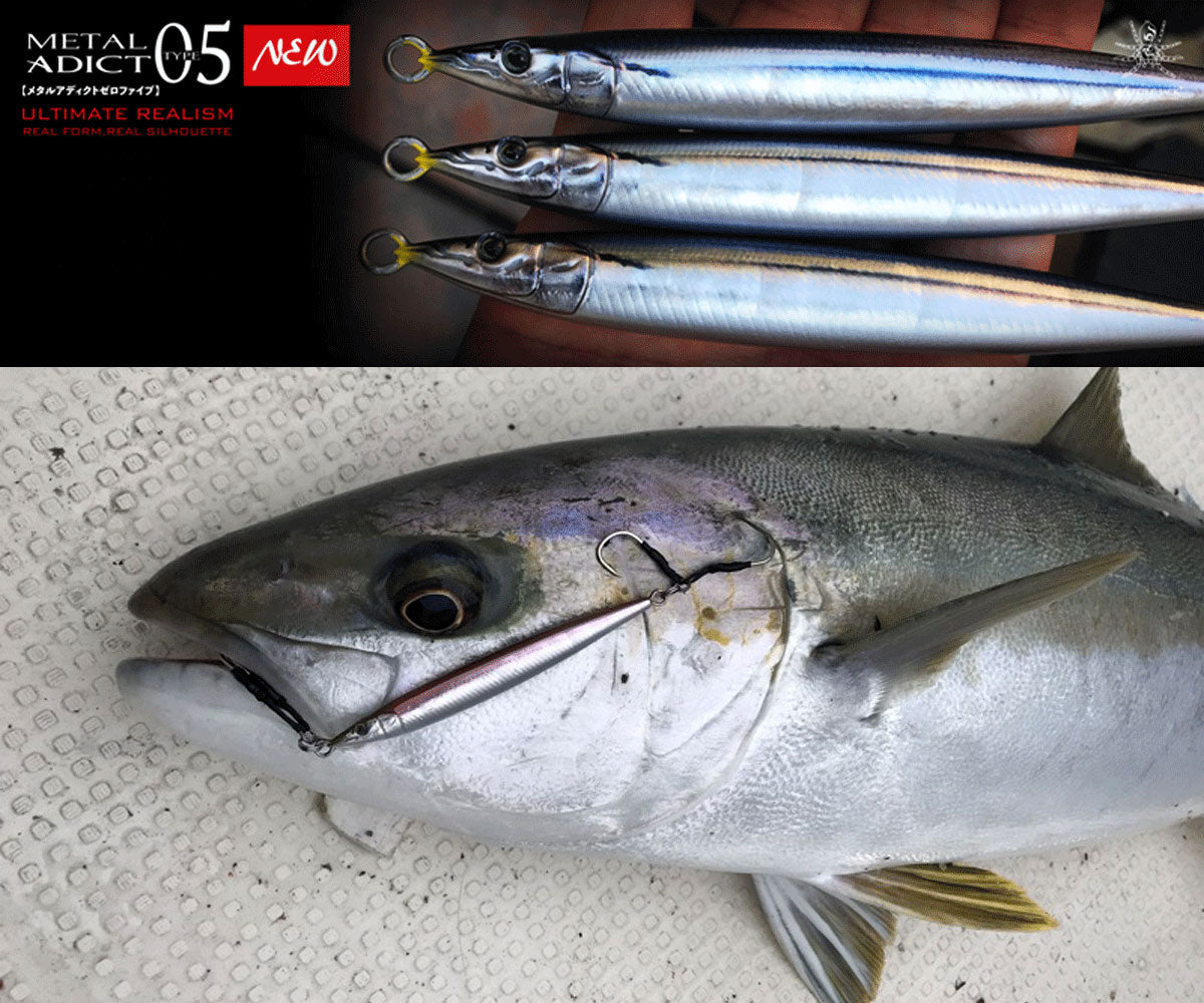 Пилкер Little Jack Metal Adict - Type 05 - 9.8cm/40gr, showcasing three lures and a caught fish.