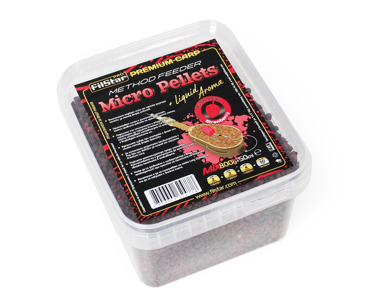 Микро пелети микс + Течен ароматизатор FILSTAR Premium Carp Method Feeder - 800g с аромат на ягоди