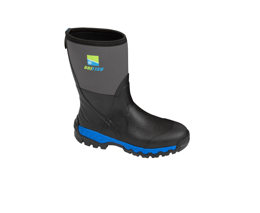 Ботуши PRESTON Drifish Boots с черен и син дизайн, подходящи за риболов и водни спортове.