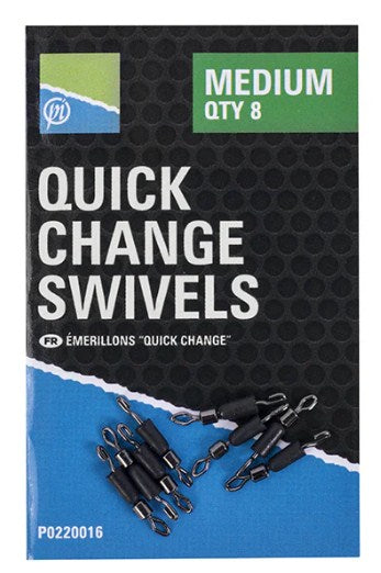 Бързи връзки PRESTON QUICK CHANGE SWIVELS MEDIUM, количествo 8, идеални за риболов с удобен дизайн и износоустойчивост.
