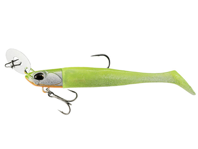 Силиконова примамка с джиг глава Duo BAY RUF CHATTER SHAD - 8.9cm/18.0gr в зелен цвят с блестящи детайли.