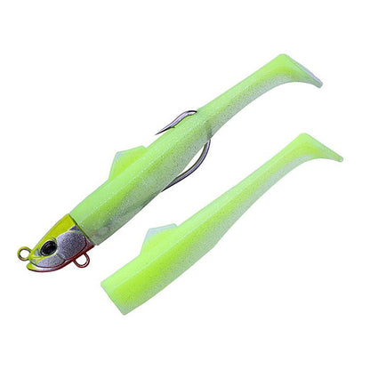 Морска примамка Duo Bay Ruf Flex Minnow Zn - 10cm/10gr в жълто с цинкова джиг глава и офсетна кука.
