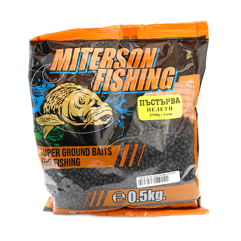 Пелети за пъстърва Miterson Fishing - 4mm в опаковка от 500g с високо качество на рибни брашна.