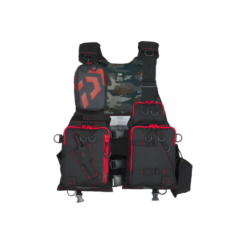 Плуващ елек DAIWA DF-6224 Float Game Vest - Черно/Червено с множество джобове и функционален дизайн.