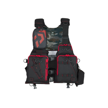 Плуващ елек DAIWA DF-6224 Float Game Vest - Черно/Червено с множество джобове и функционален дизайн.