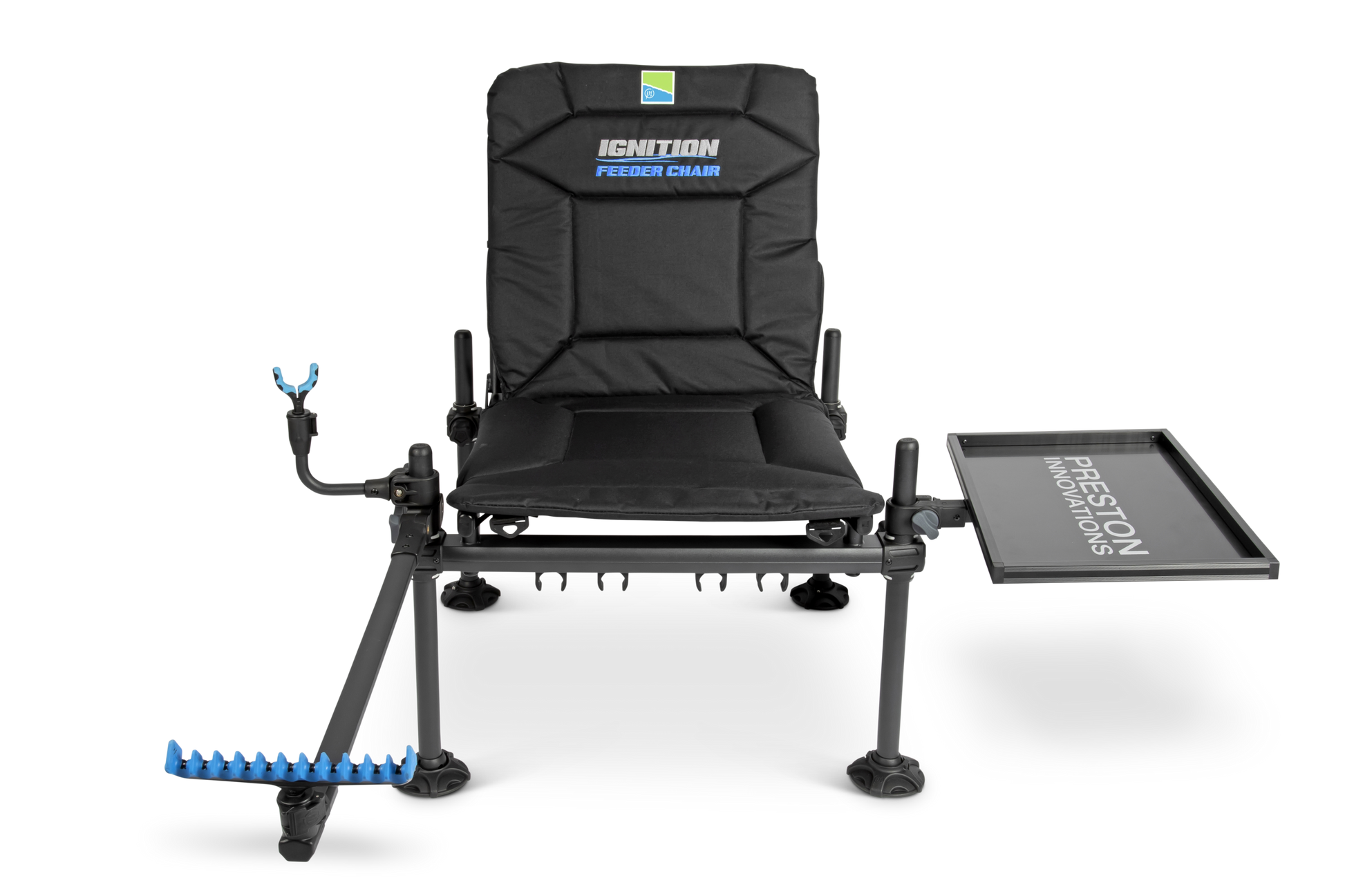 Фидер стол PRESTON IGNITION FEEDER CHAIR COMBO с четири регулируеми крака и аксесоари, идеален за риболов.