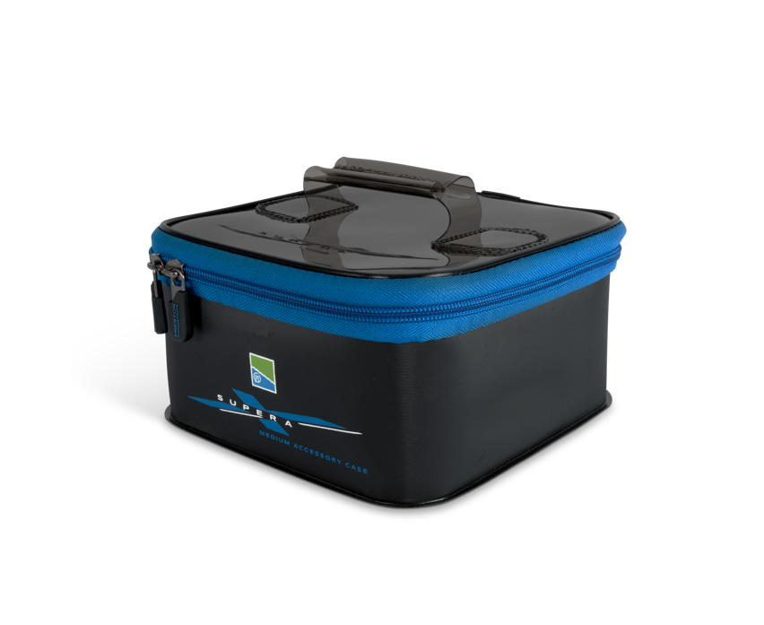Кутия PRESTON Supera Medium Eva Accessory Case with blue zipper and handle for organization.