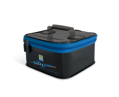 Кутия PRESTON Supera Medium Eva Accessory Case with blue zipper and handle for organization.