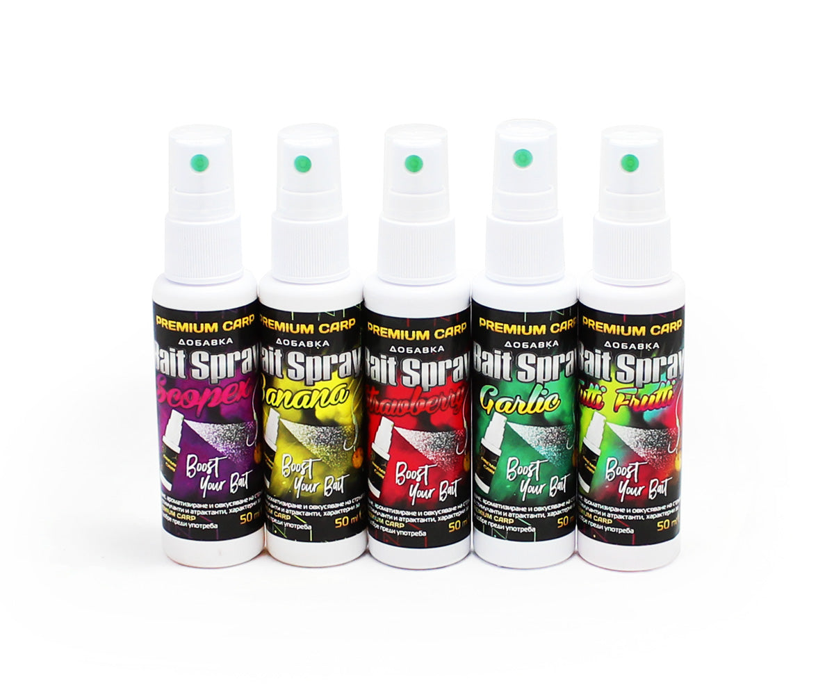 Течен ароматизатор FilStar Premium Carp Bait Spray - 50ml в разнообразни аромати, подобряващи риболовната стръв.