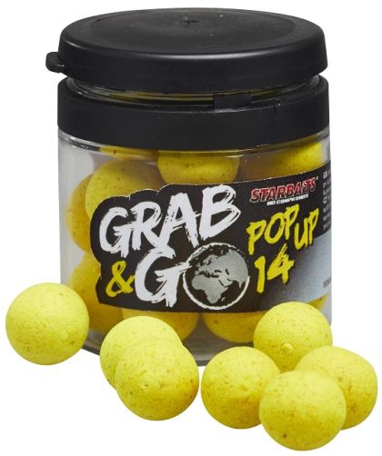 Плуващи топчета STARBAITS POP-UP G&G - BANANA CREAM - 14MM в жълт контейнер с поп-ап топчета.