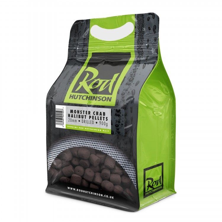 Пелети Rod Hutchinson MONSTER CRAB / HALIBUT PELLETS - 800гр, 20mm drilled, 900g packaging with dark brown pellets.