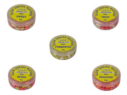 Балансирани дъмбели (Wafters) Dovit SLOW SINKING WAFTERS - 8MM various flavors displayed in containers.