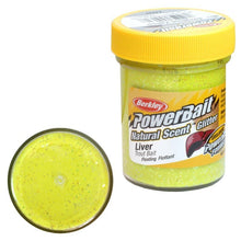 Паста Berkley Power Bait - Sunshine Yellow - Liver в опаковка, плаваща с изкуствен блясък.