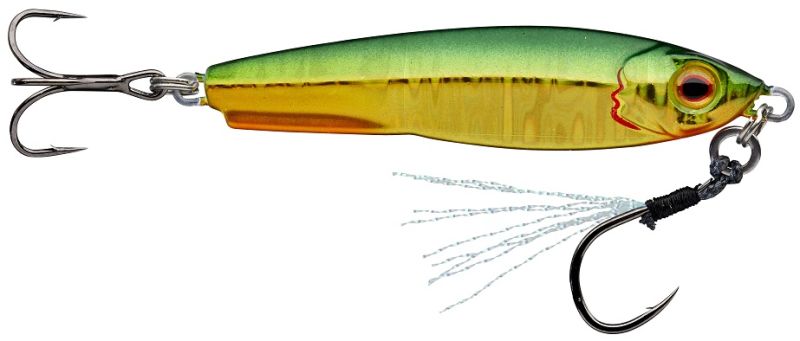 Микро джиг Gunki SPACE JIG - 7.5gr/5cm Fire Gold fishing tackle with treble hooks and shimmers.