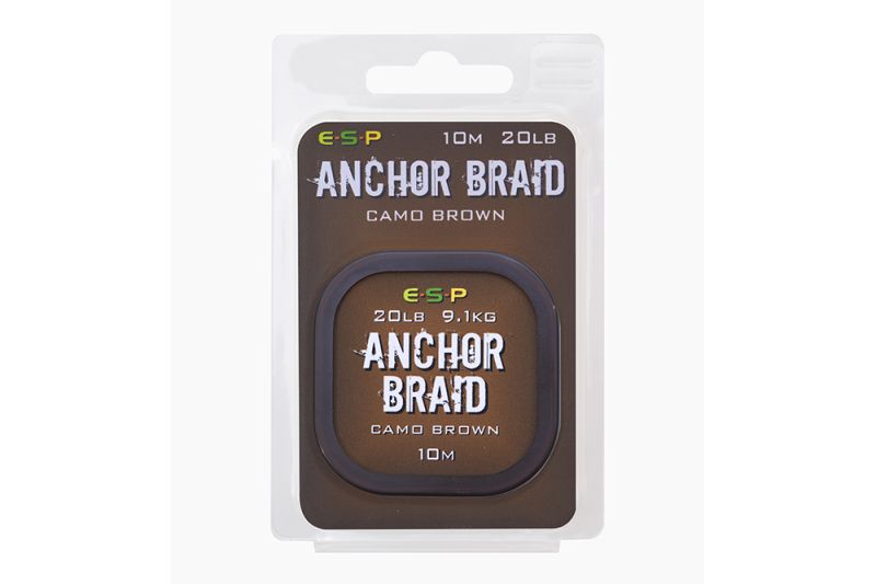 Шарански повод - ESP ANCHOR BRAID CAMO BROWN 10M/20LB packaging with details on color and weight.