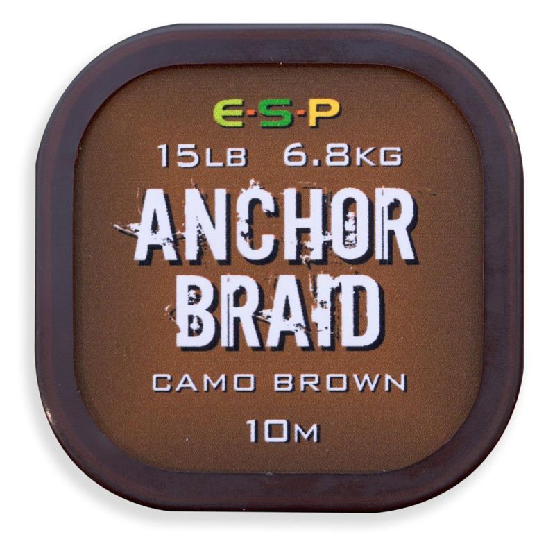 Шарански повод - ESP ANCHOR BRAID CAMO BROWN 10M/20LB packaging with features and specifications.
