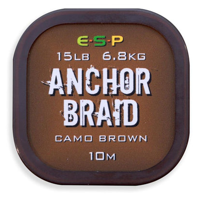 Шарански повод - ESP ANCHOR BRAID CAMO BROWN 10M/20LB packaging with features and specifications.