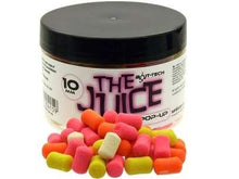Плуващи дъмбели BAIT- TECH The Juice Dumbells Pop-ups - (60g) в цветни 10мм топчета на фона на буркан.