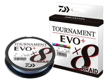 Плетено влакно Daiwa TOURNAMENT X8 BRAID EVO+ MULTICOLOUR (мултиколор) - 300m - опаковка и продукт в единство.