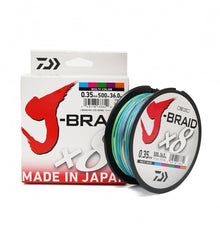 Плетено влакно Daiwa J-BRAID X8 MULTICOLOUR (мултиколор) - 500m опаковка и влакно с многобоен дизайн.