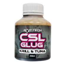 Дип BAIT-TECH CSL GLUG KRILL & TUNA - 250ml bottle with unique flavor blend for fishing.