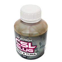 Дип BAIT-TECH CSL GLUG KRILL & TUNA - 250ml in a bottle with a gray camouflage design.